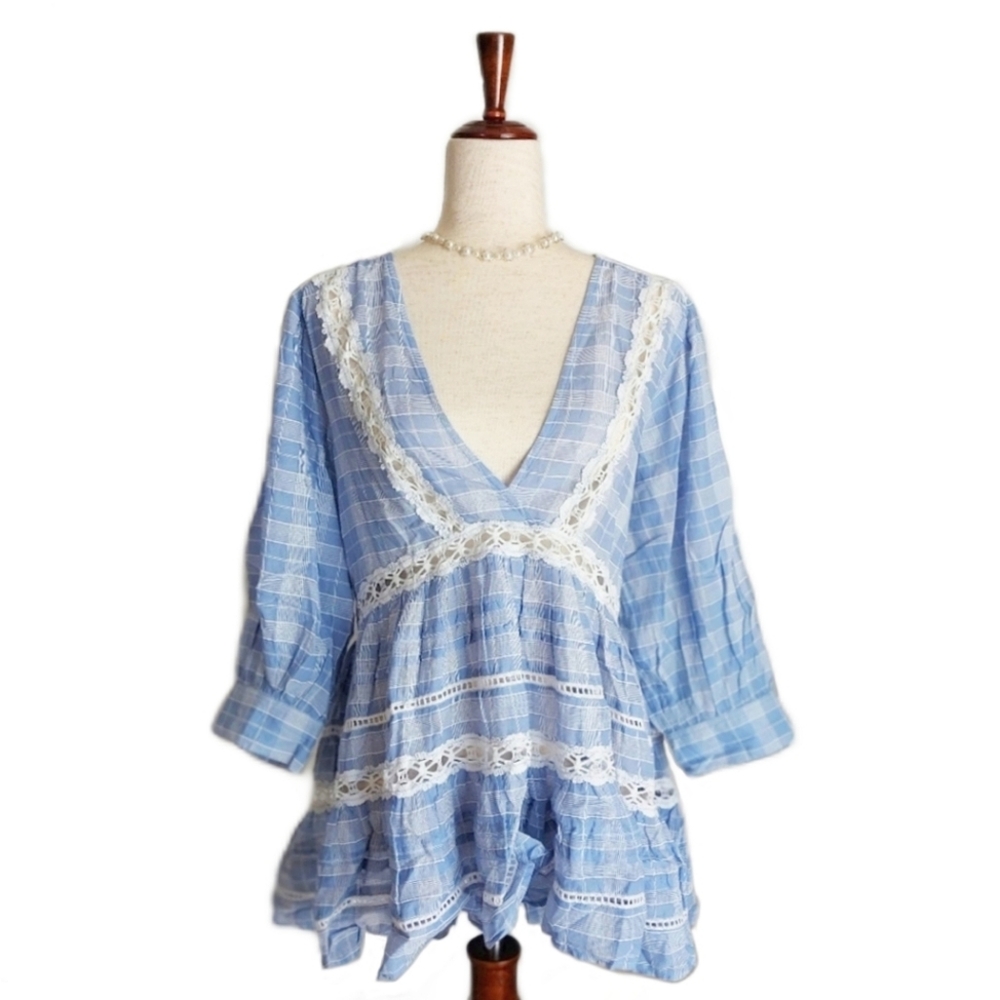 Free People | Boho lace plaid v neck tunic top | size: sx
